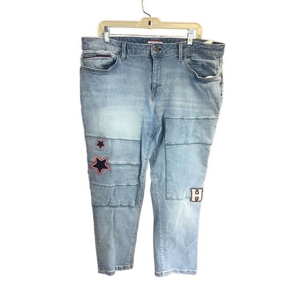 Vintage TOMMY HILFIGER Jeans Womens 16 Blue Boyfriend Straight Patches 90s Y2K - Picture 1 of 8